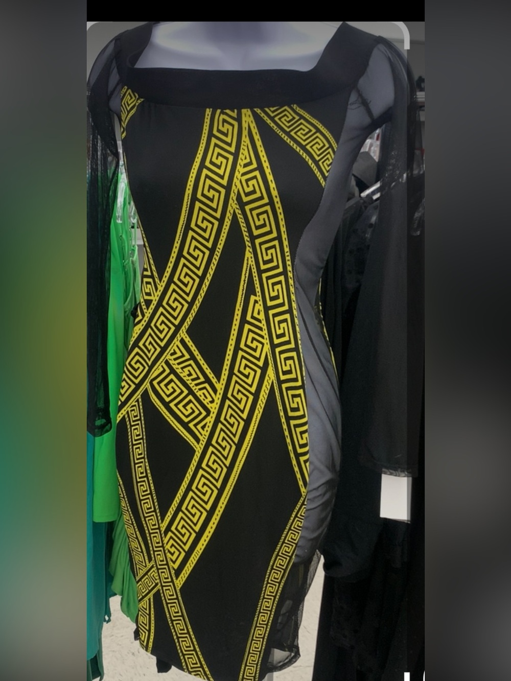 Black & Yellow Greek Geometric Bodycon Dress with Sheer Sleeves and Side Panels